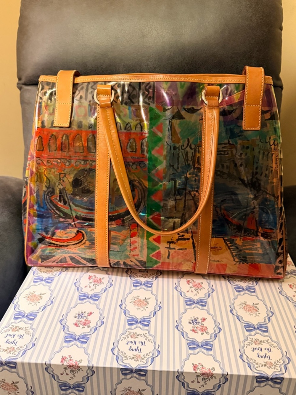 Prada Venezia Colorful Abstract Printed Tote Bag with Tan Leather Trim - Picture 12 of 17